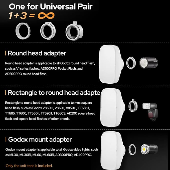 GODOX ML-CS1625 Softbox Diffusion Dome Kit with 3 Adapters, Foldable Diffuser for GodoxV1 Series V1 ML30 ML60BI AD200PRO AD300PRO 400PRO V Compatible with 850III V860III TT685II TT600