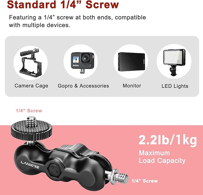 Magic Arm with Dual Ball Head and 1/4" Screw, Compatible with Super Clamp, Camera Cage, Monitor and Microphone, Max Load up to 2kg / 4.4lb - 2 Pieces
