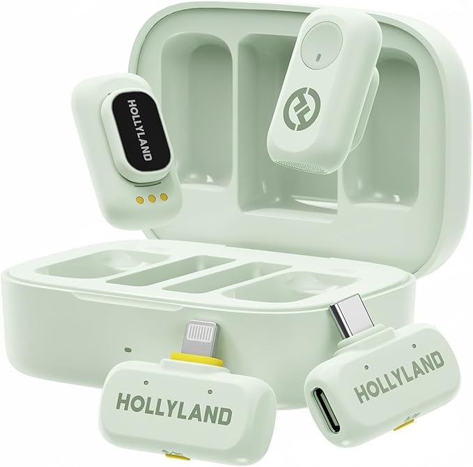 Hollyland Lark A1 Wireless Mini Microphone for iPhone & Android, 48kHz/24-bit, 3-Level Intelligent Noise Cancel, Microphone for YouTube, Podcast, Vlogging (Green, 2TX + 2RX + Charging Case)