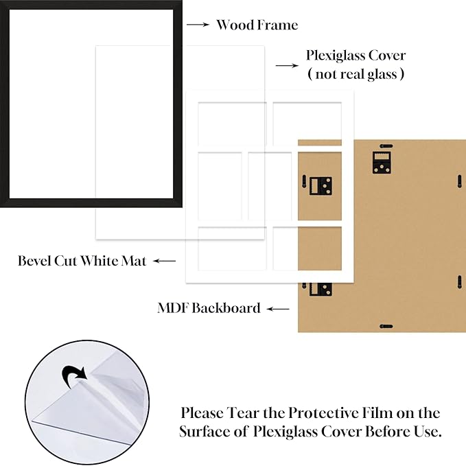 4x6 Picture Frame Collage 7 Openings, 13.5"x15.5" Multi Photo Collage Frame 4"x6" Gallery Wall Decor Wooden, Black Frame with White Mat, Wood