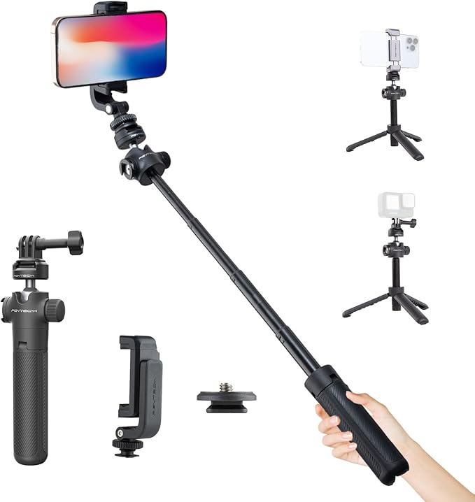 PGYTECH CapLock Extension Pole Mini Tripod with Phone Clip for DJI OSMO Action 6/5 Pro/4/Pocket 3, Gopro Hero 13/Insta360, Quick Release Selfie Stick Rod with 1/4"-20 Adapter for Action Cams & Phone