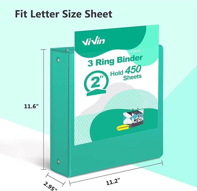 ViVin 2 Inch Round Ring View Binder for Durability, Standard 3 Ring Binder for 450 Sheets of US Letter Size Paper, PVC-Free, 6-Pack (Lake Green)