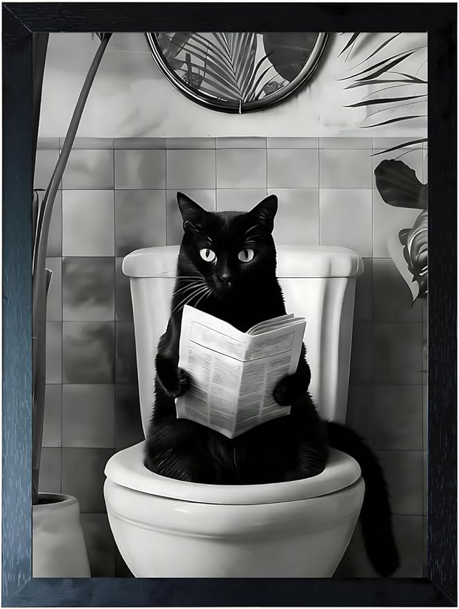 Zhfmoir Funny Black Cat on Toilet Wall Art 12x16 Inch, Humorous Bathroom Cat Canvas Print with Hooks, Waterproof Glossy Funny Animal Poster for Bathroom Decor, Office, Dorm, Gag Gift