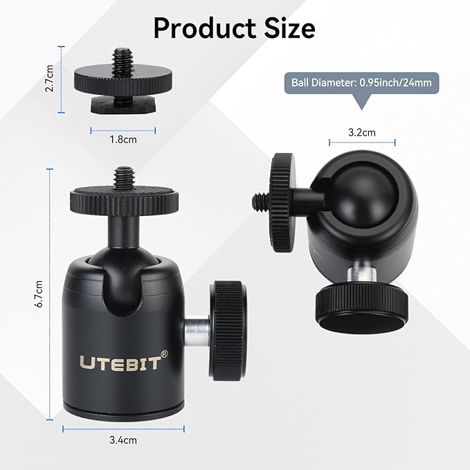 UTEBIT Mini Ball Head with 1/4" hot Shoe, 360° Rotatable Ball Heads Camera Mount Adapter (24mm Ball Head)