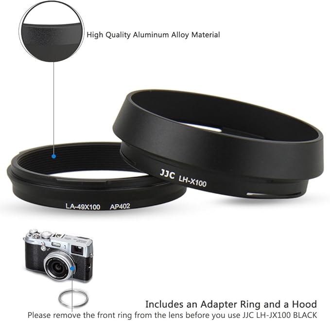 JJC LH-X100 Metal Lens Hood Sun Shade with 49mm Filter Adapter Ring for Fuji Fujifilm X100VI X100V X100F X100T X100S X100 Digital Camera(Not Fits Fujifilm Original Lens Cap), Black Color