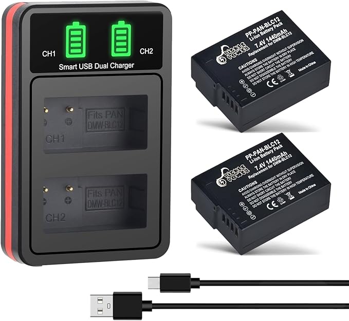 Pickle Power DMW-BLC12 DMW-BLC12PP Battery 2 Pack and Charger for Panasonic Lumix G7 G85 DMC-FZ1000,DC-FZ1000 II, DMC-FZ300, DMC-GH2, DMC-G5, DMC-G6, DMC-GX8, DMC-FZ200, DMC-FZ2500 Cameras