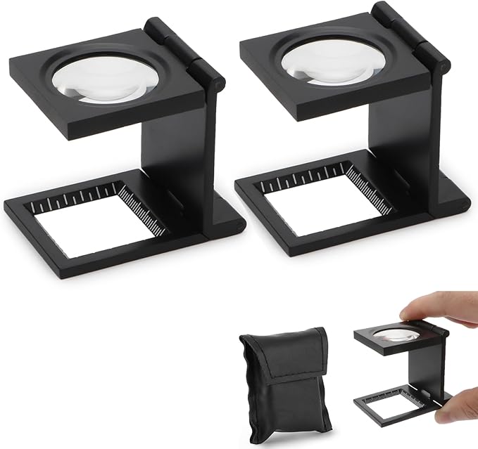 Rongon 10x 28mm Mini Three Folding Magnifying Glasses Portable Zinc Alloy Loupe Magnifier 10X Magnifying Lens with Scale for Coin Textile Jewelry Collection Repair (2Pcs Black)