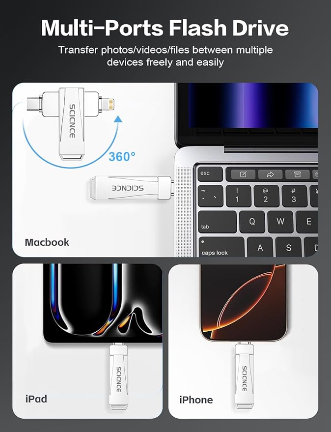 SCICNCE 256GB Flash Drive Intended for iPhone, USB Memory Stick Storage Backup for Photos Videos, Plug and Play No APP Required, Compatible with iPhone iPad Android and Computers (Metal Silver)