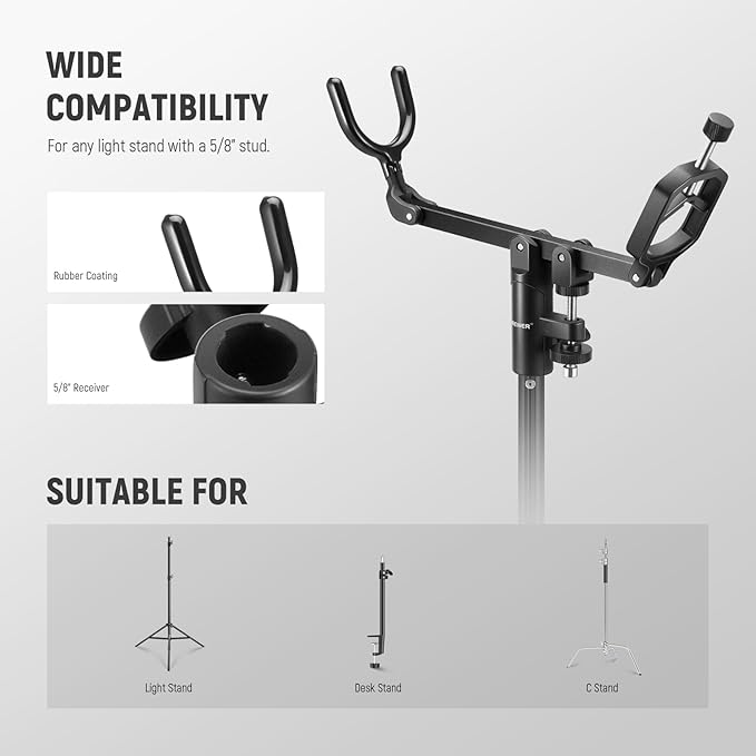 NEEWER Mic Boom Pole Support Holder with 5/8" Stud for Light Stand Boom Arm C Stand, Metal Nonslip DSLR Video Microphone Shotgun Mount Adapter, -15°/+30° Tilt, Max Load: 17.6lb/8kg, CM-NA-2