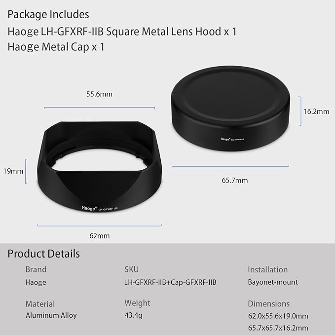 Haoge Square Metal Lens Hood for Fujifilm GFX100RF Camera Accessories Bayonet Black LH-GFXRF-IIB+Cap-GFXRF-II