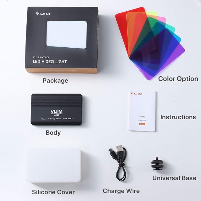 VIJIM VL120 LED on Camera Video Light,Mini Bi-Color Portable Photography Lighting w 6 Color Filters, 3100mAh Rechargeable CRI 95+ 3200K-6500K Dimmable LED Panel Light for DSLR Camera