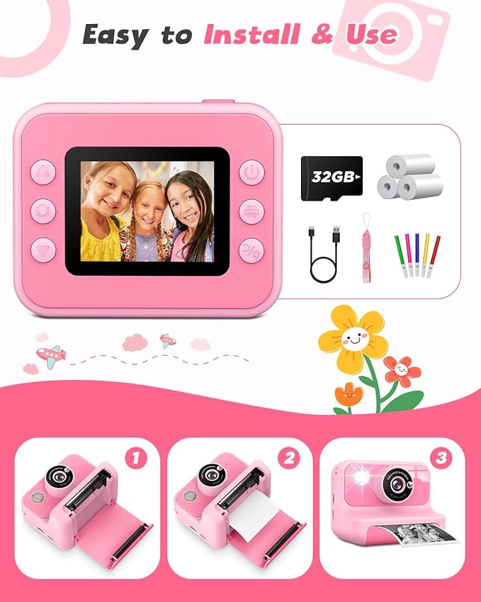 Instant Print Camera for Kids, 1080P Digital Video Cameras, Christmas Birthday Gifts Toys for Age 3-12, Toddler Camera for 4 5 6 7 8 9 10 Year Old Girls - Pink