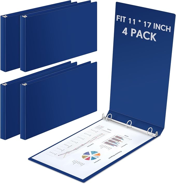 Humyoun 4 Pcs 11 x 17 Inch 3 Ring Binders 1 Inch Rings Heavy Duty View Plastic Flexible D Ring Binders Economy Holds 11" x 17" Paper for Artwork Blueprints, Office, Home, Work Places(Blue)