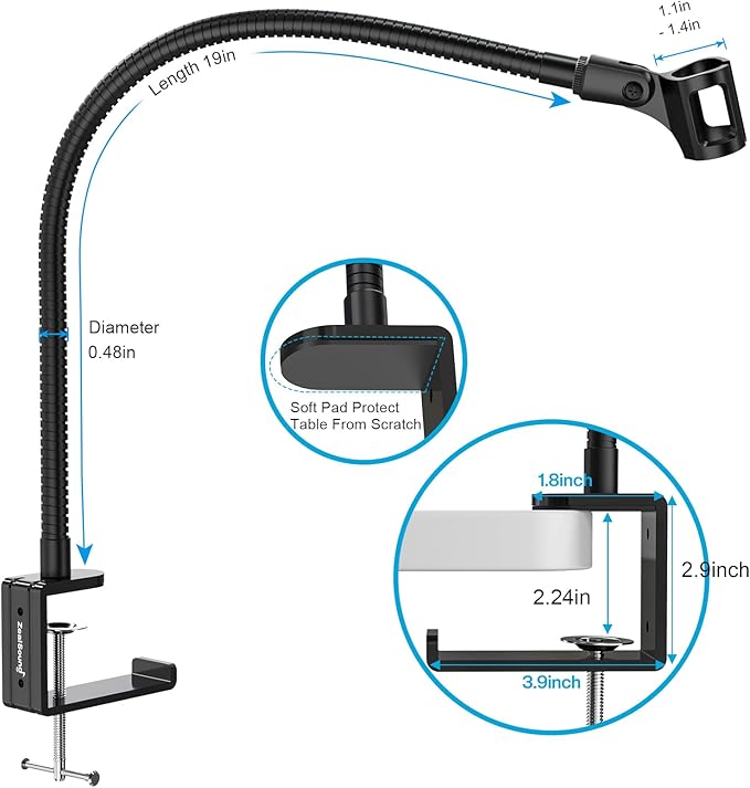 ZealSound Microphone Arm Stand,19 Inch Long Universal Gooseneck Desktop Mic Stand with 3/8" to 5/8" Adapter and Microphone Clip Holder, Upgraded Heavy Duty Desk Clamp for Blue Snowball Ice Mics Spark