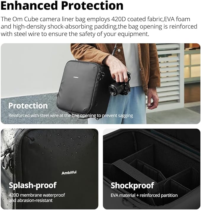 AMBITFUL Water-Resistant Camera Insert Case,with DIY Dividers, Removable Shoulder Strap, Padded Camera Bag,for DSLR SLR Mirrorless, Compatible with Canon Nikon Sony, Black(Om Cube-M)