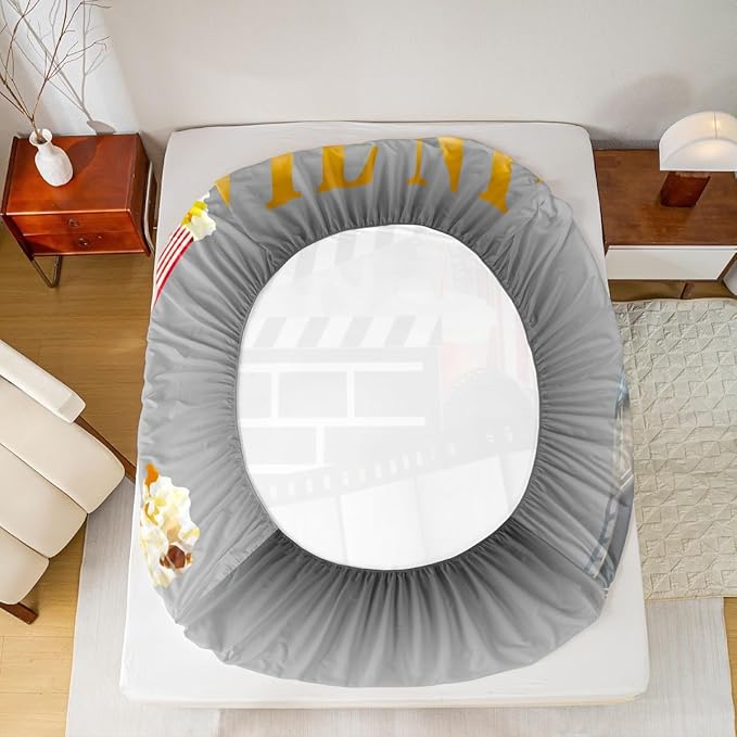 Erosebridal Movie Sheet Set Queen Home Theater Decor Bed Sheets Set for Boys Girls Family Vintage Cinema Style Sheets Movie Theater Fitted Flat Sheet Clapboard Popcorn Filmstrip Print Bedding Sets