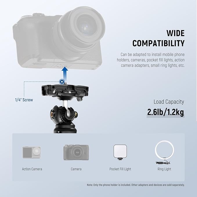 NEEWER TP38 Phone Camera Tripod, 15" Extendable Selfie Stick Metal Stand with Phone Holder, Action Camera Adapter Compatible with Hero 12 11 10 9, 360° Ball Head Travel Tripod for Vlogging