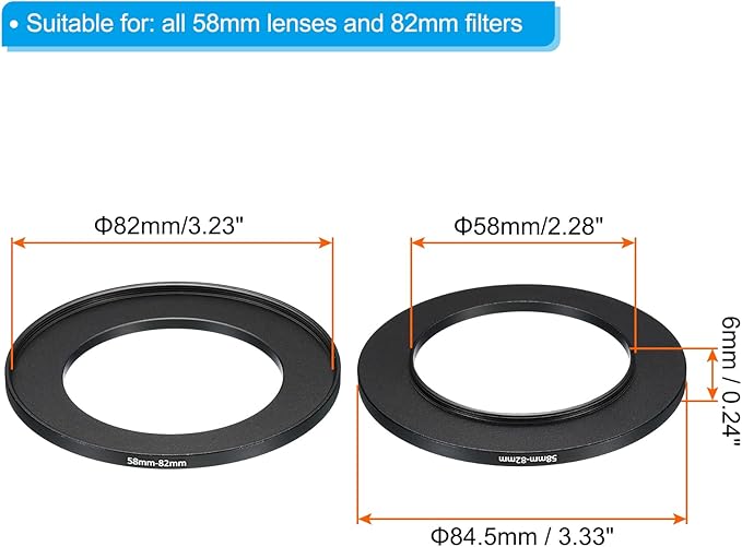 PATIKIL 58mm-82mm Metal Step Up Ring, 2 Pack Camera Lens Filter Adapter Ring Aluminum Filter Adapter Ring for Camera Lenses Hood, Black