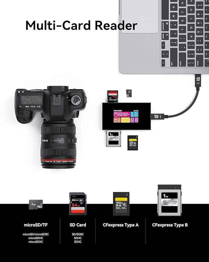 DOCKCASE Smart 8-in-1 CFexpress Type B/Type A Card Reader with Touch Screen | UHS-II SD/microSD Slots, 4K HDMI, USB-C & USB-A 3.2 Gen 2 (10Gbps), 100W PD for Filmmakers, Photographers & Creators