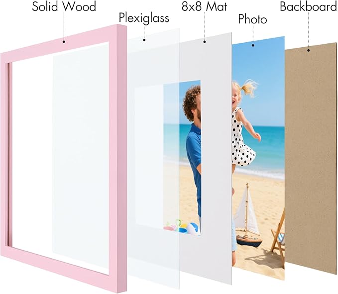 Vittanly 12x12 Picture Frame, Made of Solid Wood and Shatterproof Plexiglass, Display Pictures 8x8 with Mat or 12x12 without Mat, Wooden Photo Frame for Wall Mounting, Pink, 1 Pack