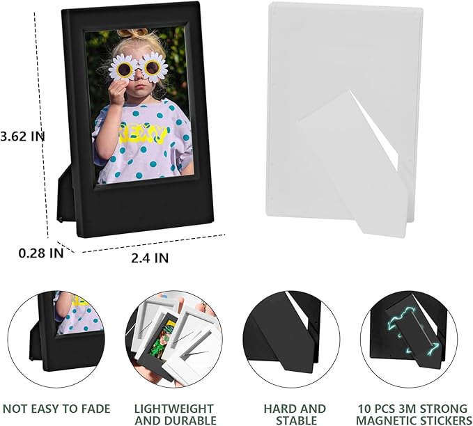 WOGOZAN 2x3 Mini Picture Frame for Fujifilm Instax Mini 12/11/99/90/9/8/SE/EVO Classic Polaroid Frames Wallet Size 2.15x3.4 Inches Photo Picture Frames With Magnetic Stickers (Black and White) (10 Pack)