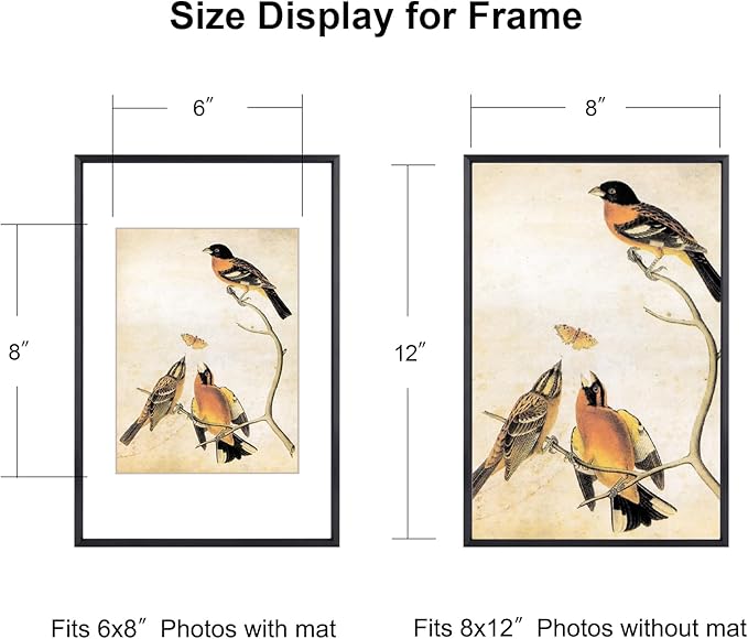 BKABOT 8x12 Picture Frame, Black Metal Photo Frames with HD Glass, Fits 6x8 with Mat or 8 x 12 without Mat, Display for Wall and Table, 1 Pack