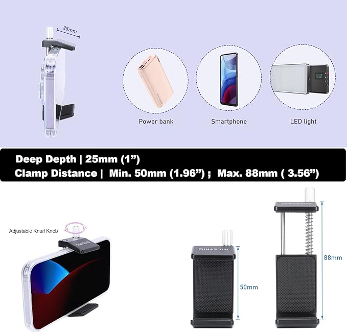 NICEYRIG Aluminum Power Bank Clamp for DJI RS 2 / RS 3 / RS 3 Pro, 50mm - 88mm Wide Range Universal Portable Charger Holder with Detachable Cold Shoe Mount for DSLR Camera, Gimbal System - 540