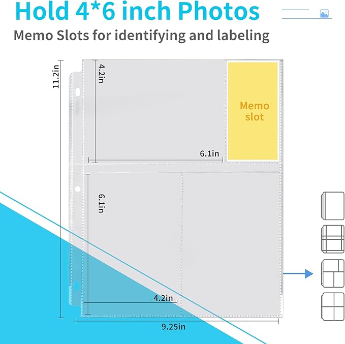 Fabmaker 30 Pack Photo Sleeves for 3 Ring Binder - (4x6, for 180 Photos), Archival Page Protectors, Clear Plastic Refill Pages, Postcard Sleeves, Acid-Free