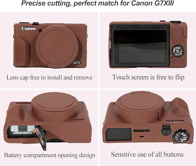 Pocoukate Case for Canon G7X Mark III Camera, Soft Silicone Protective Cover with Removable Lens Cover and Screen Protector - Coffee