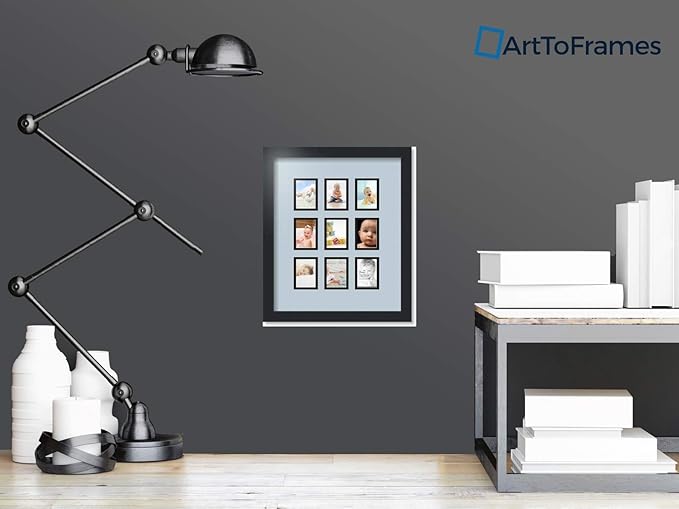 ArtToFrames Collage Photo Frame Double Mat with 9-2.5x3.5 Openings with Satin Black Frame and Baby Blue mat.