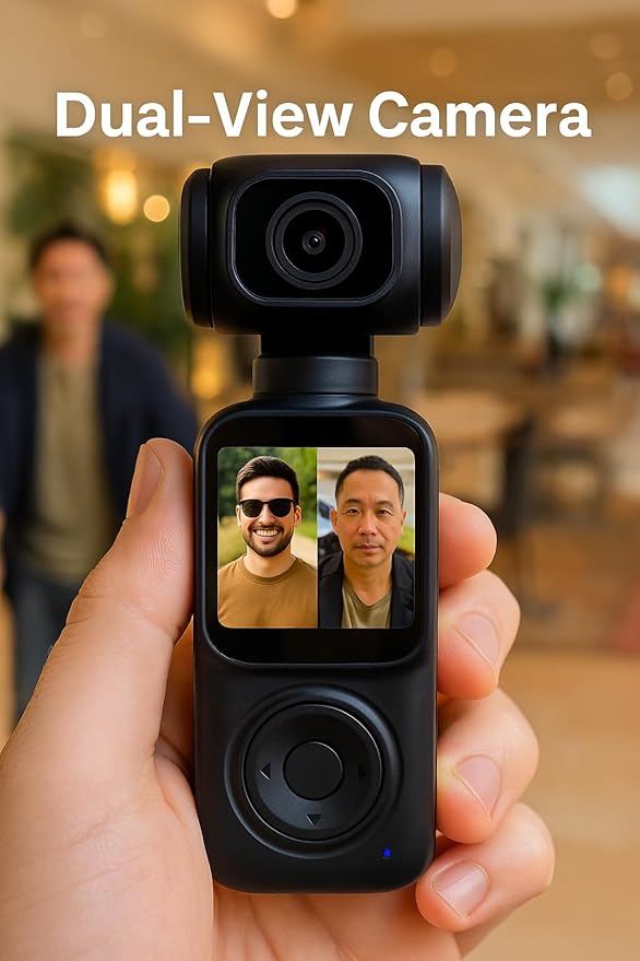 Acuvar 4K Pocket Vlogging Camera with Dual Front & Rear Cameras, 3-Axis Gimbal Stabilizer, Handheld Portable Video Camera with WiFi, Split-Screen LCD, Face Tracking, 270° Rotation & 64GB SD Card