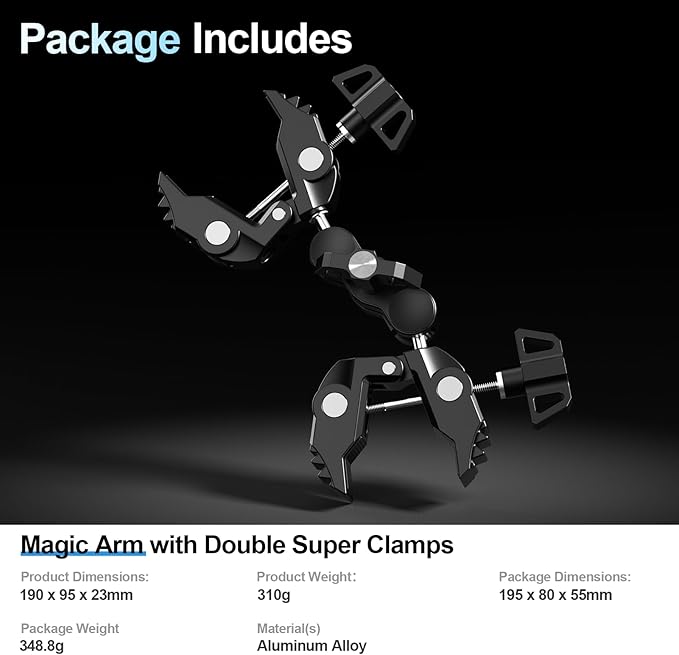 EMART Super Double Clamp Mount with Magic Arm, 360° Rotation Double Ball Head Umbrella Clamp, Perfect for Camera, Umbrella, Pole, Stand, Desk, Light, Motorcycle, Tripod, Chair, Crossbar, Flat Surface