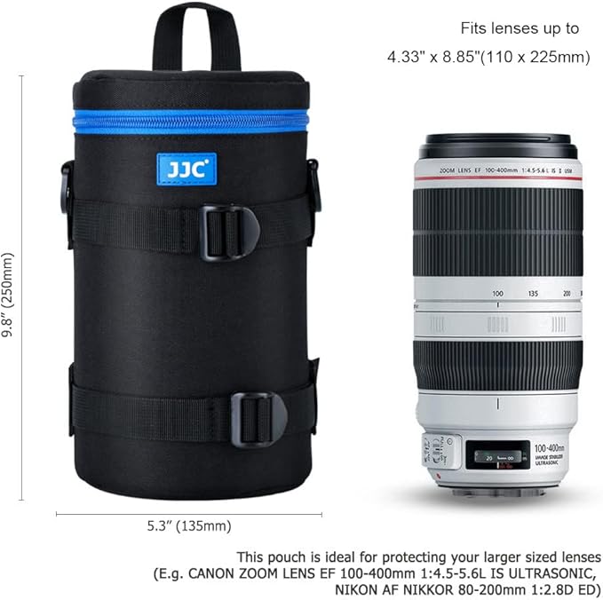 JJC Deluxe Lens Case Pouch Bag for Canon EF 100-400mm f4.5-5.6L IS USM/EF 70-200mm f2.8L, RF 600mm f11 IS STM, Nikon AF 80-200mm f2.8D/AF-S 70-200mm f/2.8G & More Lenses Below 4.3" x 8.8"(D x L)