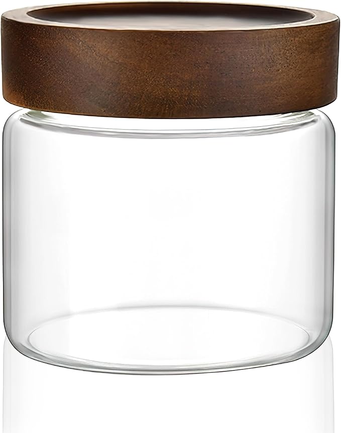 MOLADRI 17 oz/500 ml Clear Glass Storage Canister with Airtight Wooden Screw Lid, Small Cute Decorative Glass Container Jar for Coffee,Spice,Candy,Salt,Cookie,Condiment,Pepper,Sugar,Overnight Oatmeal