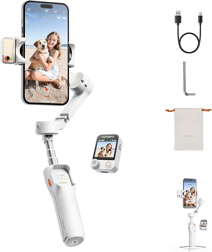 Hohem iSteady V3 Ultra Gimbal Stabilizer for iPhone, 3-Axis Phone Gimbal, Magnetic AI Tracker, Built-in Extendable Rod & Tripod, 10m Remote Control, Touchscreen Stabilizer for iPhone & Android (White)