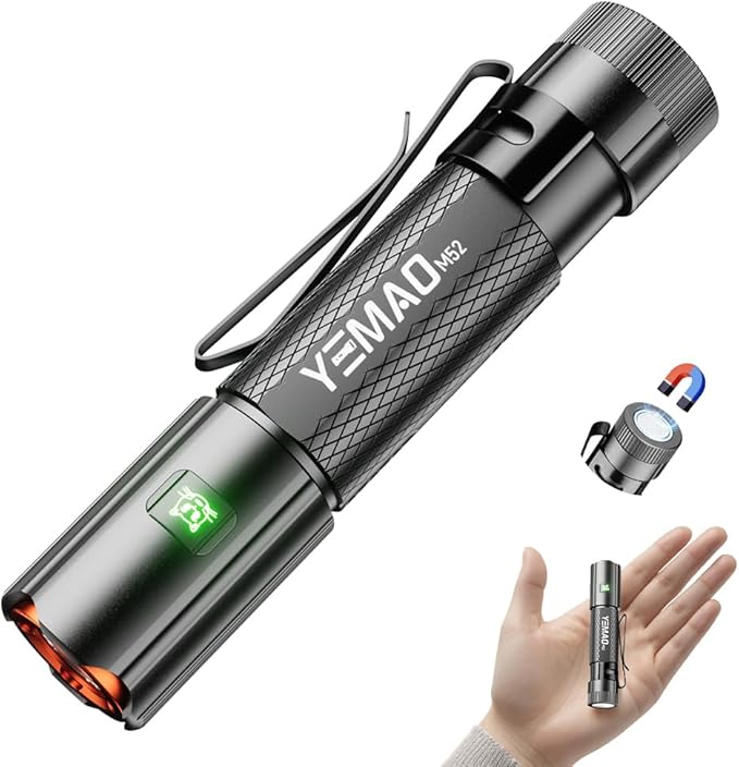 Yemao Emergency EDC Flashlight,Rechargeable 1500LM Mini Light - 6 Modes with Magnet/Clip,Portable Pocket-Sized Keychain Flashlight,IP6 Waterproof LED Torch for Outdoor and Home Use (Small)