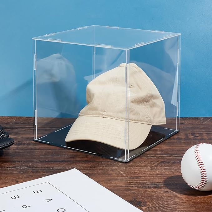 AHANDMAKER Display Case Clear Cube Baseball Holder Hat Box with Black Base Acrylic Display Case for Action Figures, Baseball, 8x8x8 Inch Remove Film Before Use