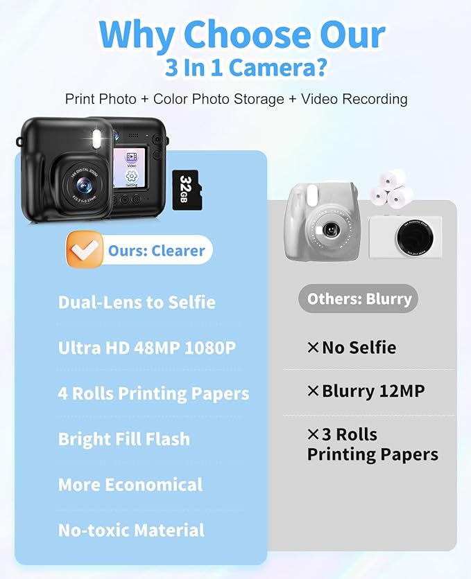 Kids Camera Instant Print, 48MP Dual-Lens Digital Camera for Girls Boys Christmas Birthday Gifts, 1080P Video Selfie Instant Cameras, Portable Toddler for 4-12 Years with 32GB Card-Black