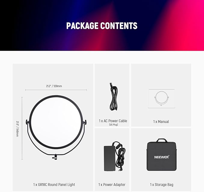 NEEWER 18" RGB LED Round Panel Video Light with APP Control, 65W 6000Lux/0.5m 2500K-8500K RGBCW Photography Studio Lighting /18 Scenes/V Battery Powered for Outdoor Filming Recording Streaming, GR18C