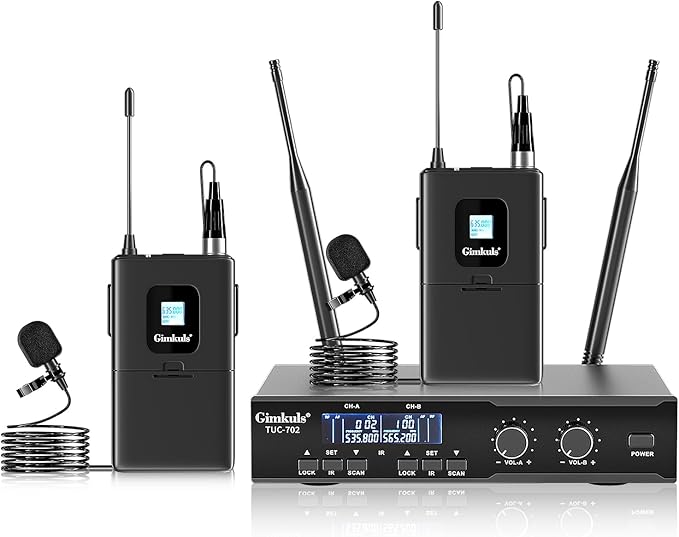 Wireless Professional Lavalier Microphone System, Dual UHF Cordless Mic Set with 2 Bodypacks & Lapel Microphones, 200 Channel Auto-Scan, 328ft Range for Church, Speaking, Teaching, Interview