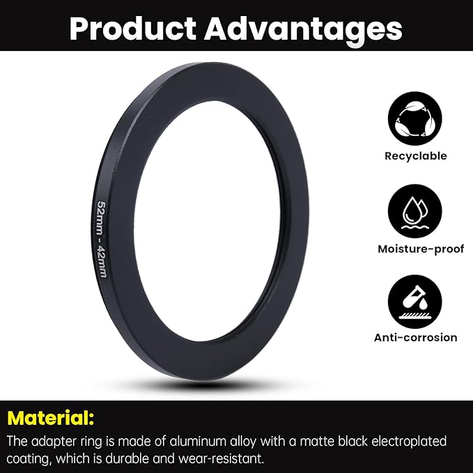 Metal Step Down Ring Filter Adapter - 52mm to 42mm - Metal Ring Step Down Rings Adapter Filter Compatible with All 42mm UV, CPL, ND, Lens Hood, Threaded Lens ect