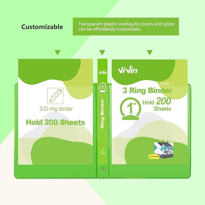 ViVin 1 Inch Round Ring View Binder for Durability, Standard 3 Ring Binder for 200 Sheets of US Letter Size Paper, PVC-Free, 6-Pack (Ivy Green)