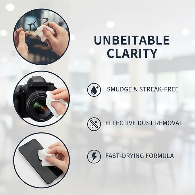 Lens Cleaning Wipes – 220 PCS Eyeglass Cleaner Wipes, Individually Wrapped, Streak-Free & Fast-Drying for Glasses, Sunglasses, Camera Lenses, Phone & Laptop Screens