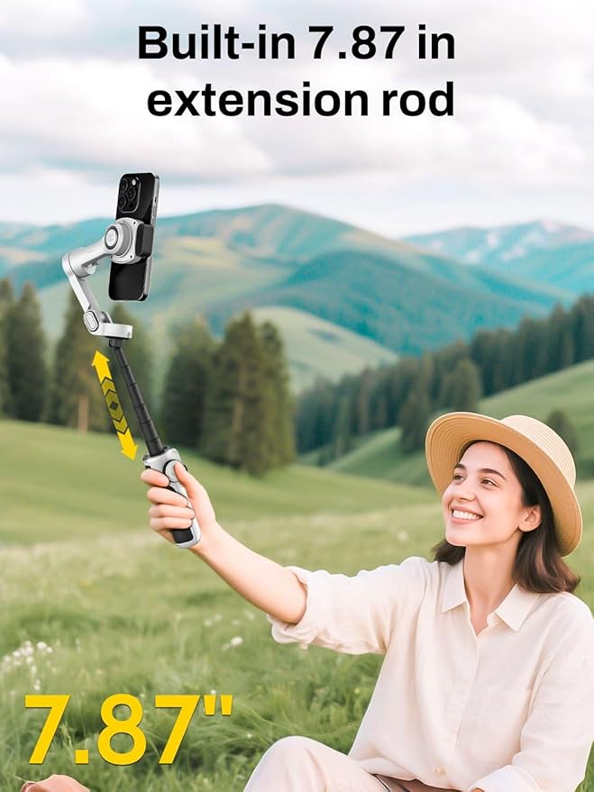 AOCHUAN Smart P2 Magnetic Gimbal Stabilizer for iPhone w/ 2-in-1 Fill Light & AI Tracking Sensor, Face Tracking No App Required, 3-Axis Phone Stabilizer w/Built-in Extension Rod, for Video Recording