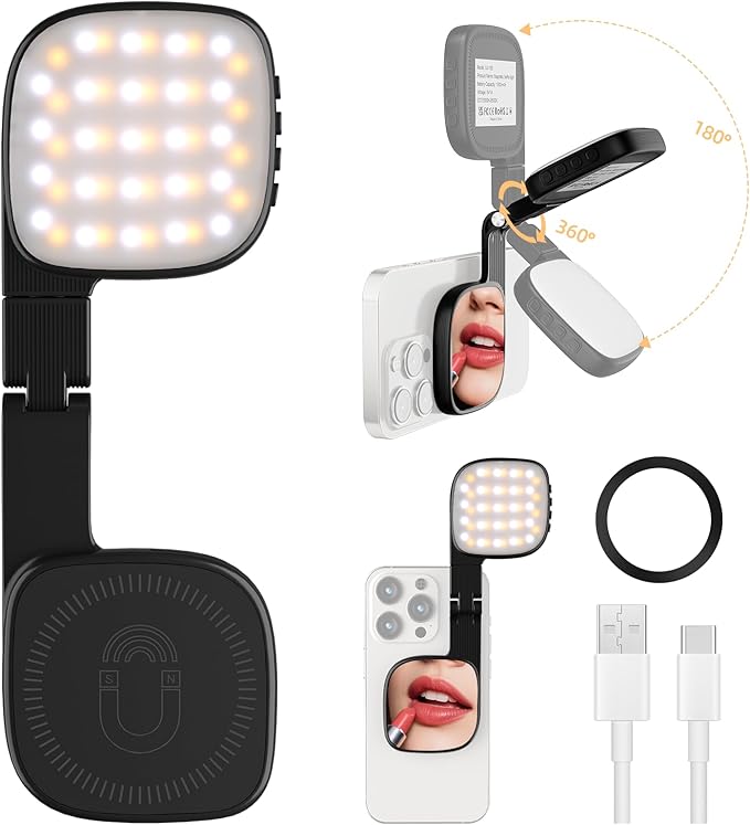 Magnetic Selfie Light with Mirror, 360° Adjustment, Portable Mini LED Phone Fill Lighting, Phone Mirror with Lights for Selfie, Makeup, Video Conference, TikTok (Black)