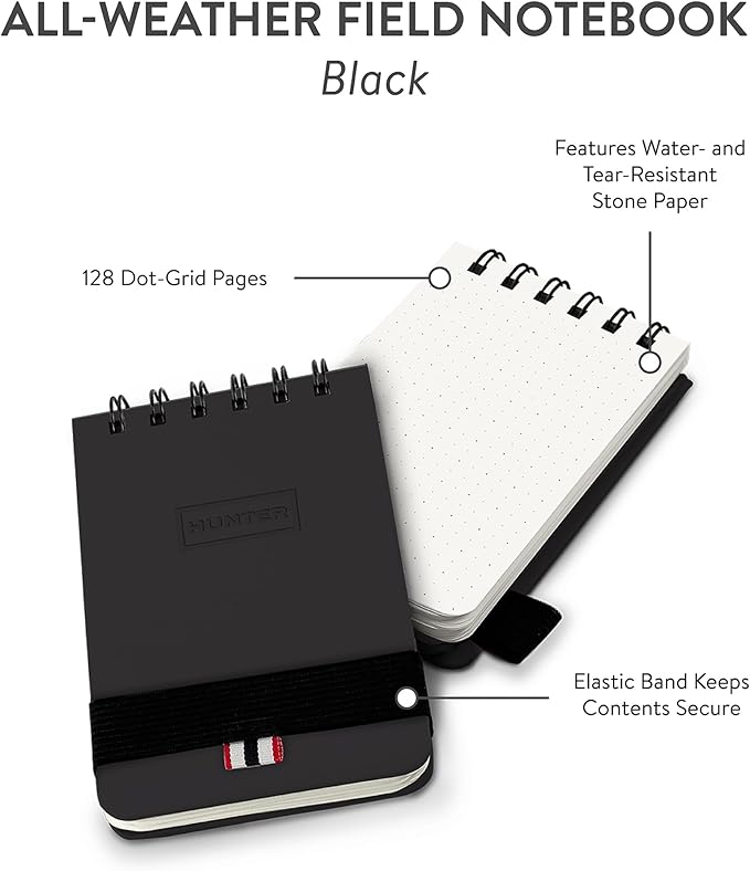 Hunter - All Weather Field Book, 5.75” X 3.6” 128 Pg Outdoor Notebook With Elastic Band to Protect Notes, Pocket Journal With Dot Grid Stone Paper for Surveying, Water & Tear Resistant, Black