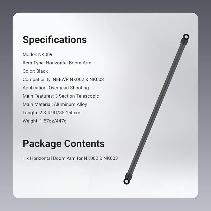 NEEWER 2.8-4.9ft Horizontal Boom Arm Only for NEEWER NK002 & NK003 Overhead Desk Camera Mount Rig Webcam Stand, Telescopic Crossarm for Phone Holder LED Light Video Recording Streaming, NK009