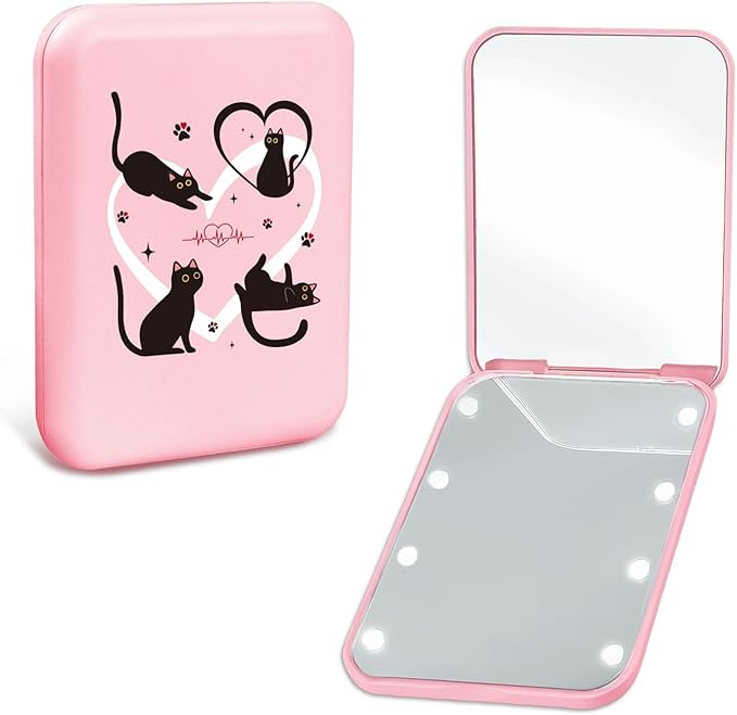 Cute Cats Pink Travel Compact Mirror with Light for Purses 1X/2X Magnification Small Led Portable Pocket Makeup Mirror, Trendy Christmas Birthday Gift Stocking Stuffers for Teen Girls Women