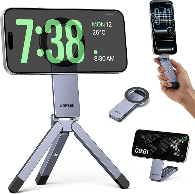 UGREEN for Magsafe Tripod 360° Rotating Adjustable Magnetic Phone Stand for 1/4'' Screw Port Compatibility with iPhone 17 16 15 14 13 12 Pro Max Air, Cell Phone StandTravel Essentials Accessories