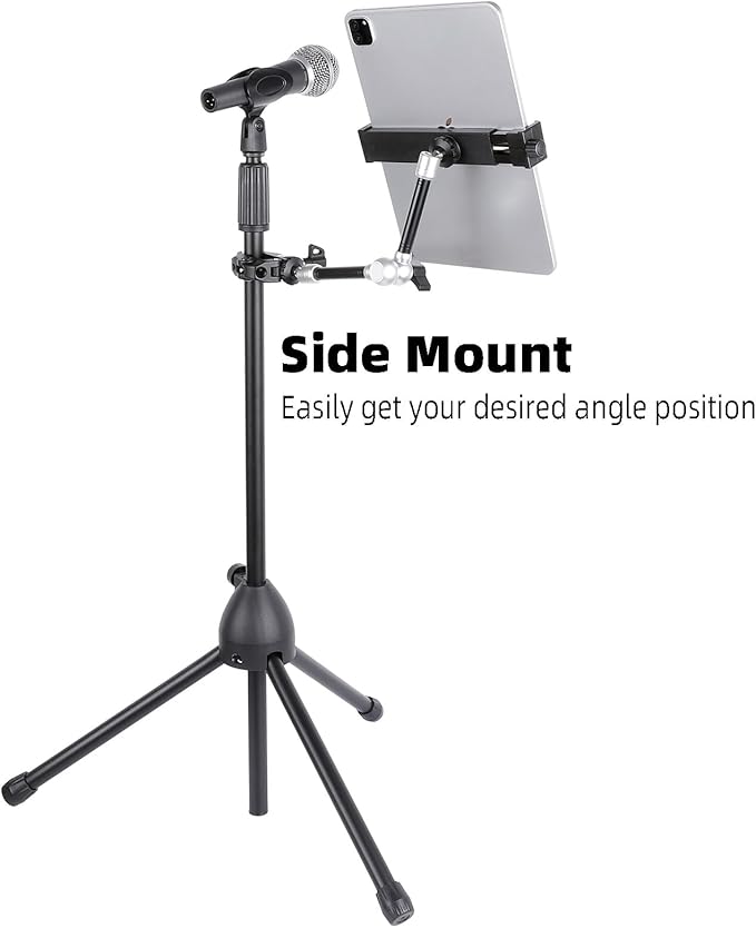 Tablet Holder with Super Clamp&10″ Long Aluminum Alloy Magic Arm for Microphone Stand, Side Mount iPad Mic Music Stand Holder Compatible with iPad Pro 12.9 Air Mini/Nexus/Samsung Galaxy Tab